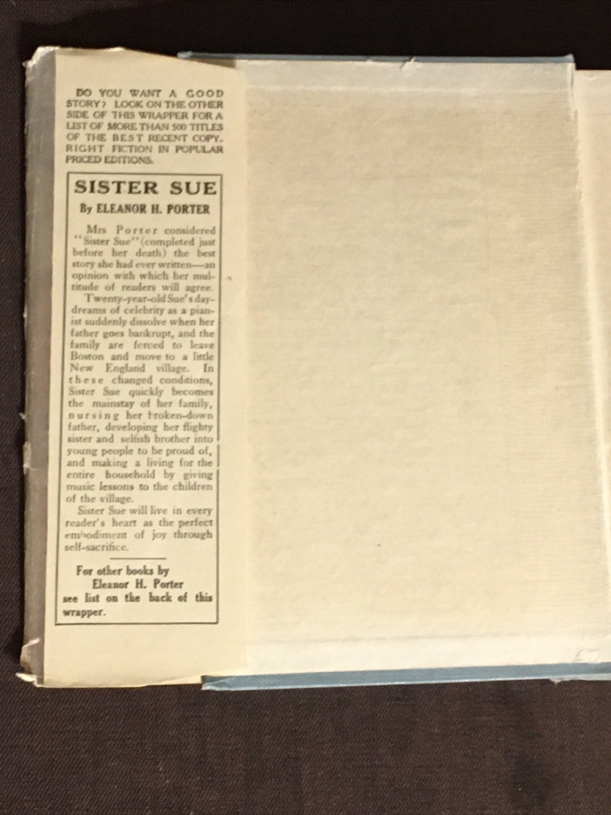 1920 First Edition First Print Sister Sue By Eleanor H. Porter With Dust Jacket