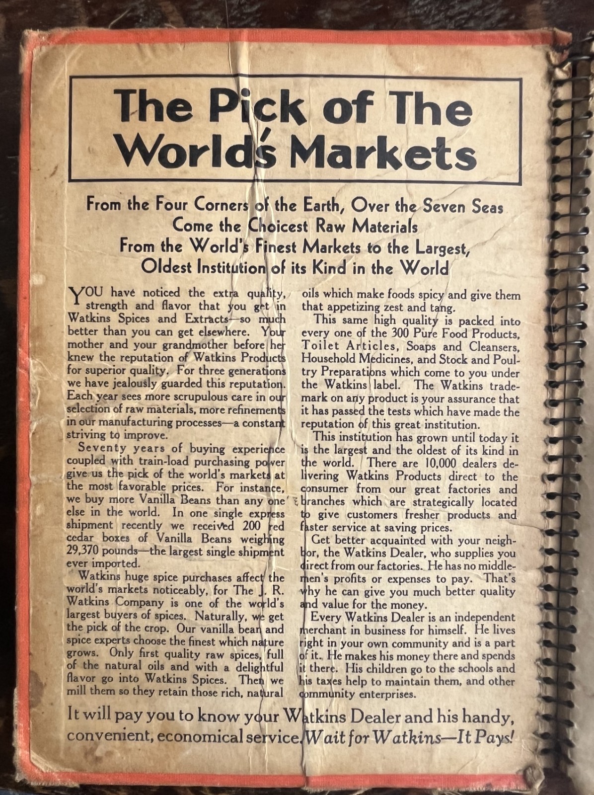 1936 Watkins Cook Book by J R Watkins Co-Spiral Bound-Winona, Minnesota USA