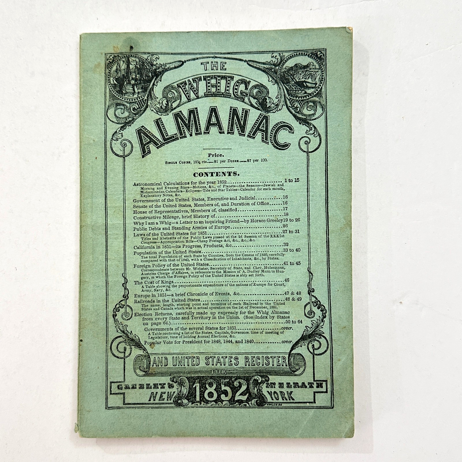 1852 Whig Almanac And US Register California Gold Rush Railroads Horace Greely