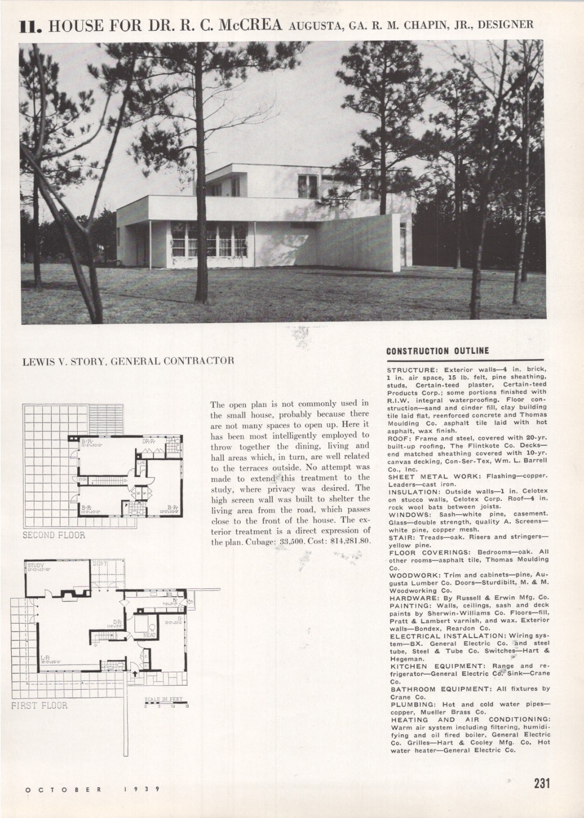 1939 Article * Dr R C McCrea House Augusta GA * R M Chapin Architect