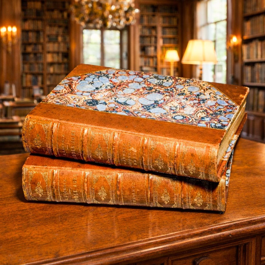 Illustrated Antique Leather Spine Books Middle Ages Renaissance Art Paul Lacroix