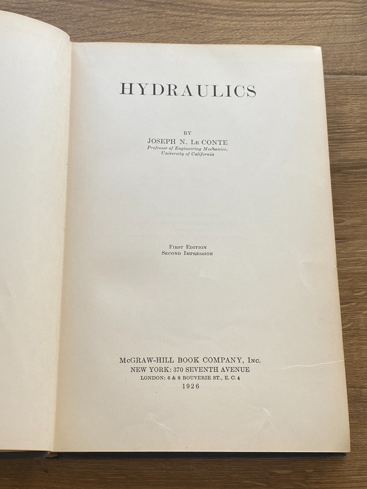 Hydraulics by Joseph N. Le Conte First Edition Second Impression HC Book 1926
