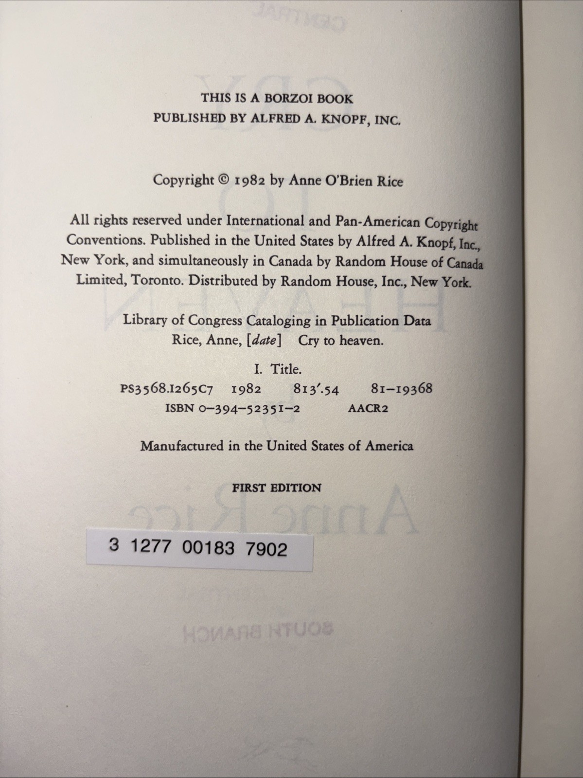 1982 Cry To Heaven, Anne Rice, First Edition, hardcover w/ jacket