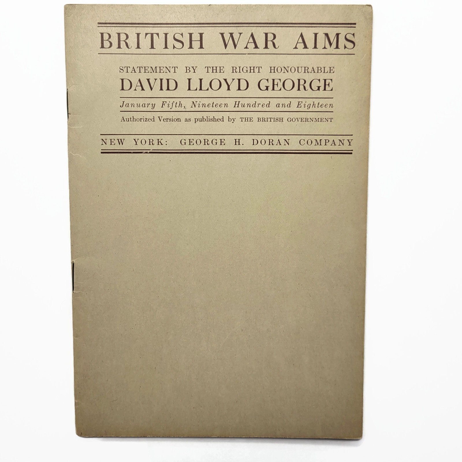 Vintage 1918 WWI British War Aims World War Booklet David Lloyd George Doran Co