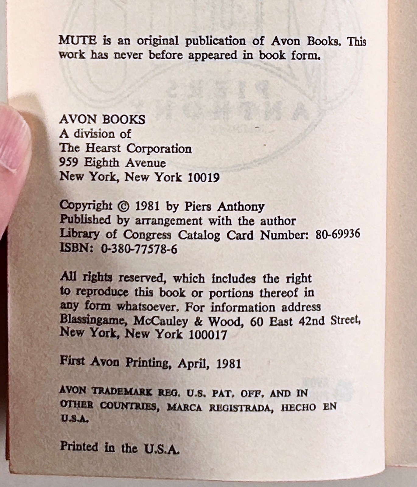 1981 Piers Anthony MUTE psionic science fiction novel AVON first printing PB
