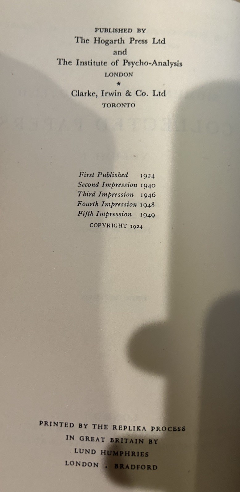 THE Sigmund Freud COLLECTED PAPERS VOL. 1 5th Impression 1949 HARDCOVER WITH DJ