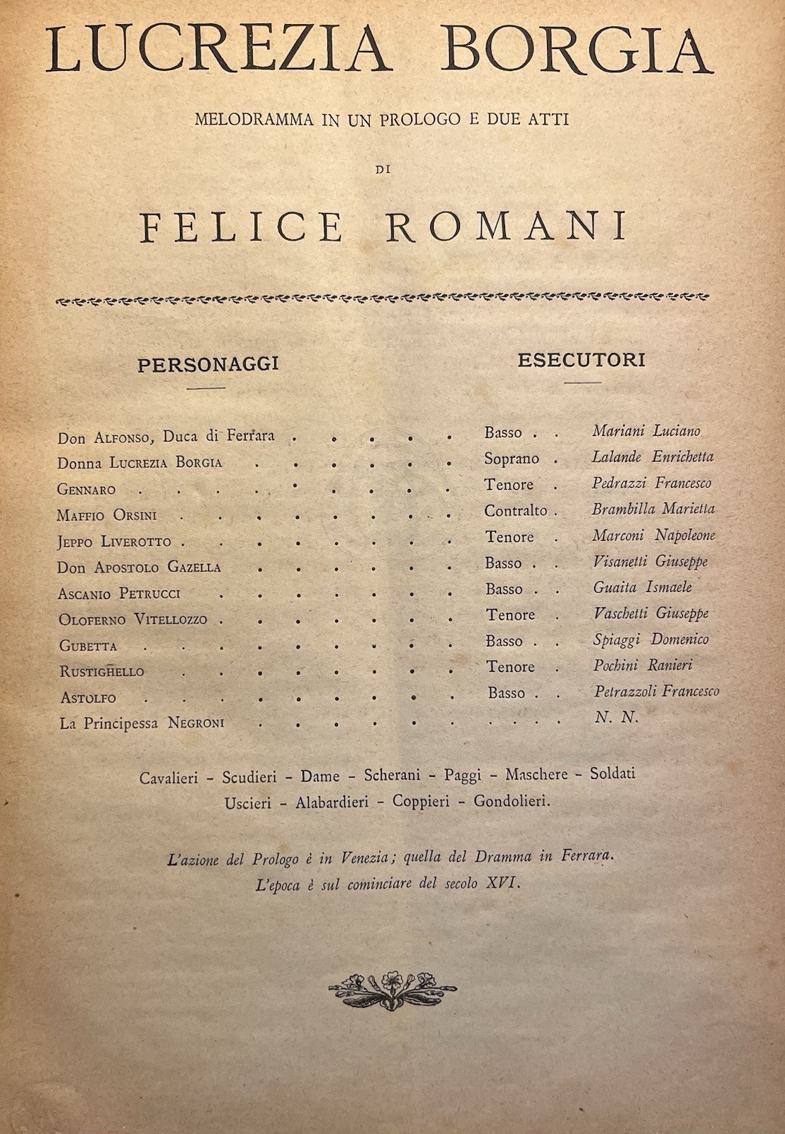 Opera Donizetti’s LUCRETIA BORGIA Milan circa 1890 In Italian 241pp HC