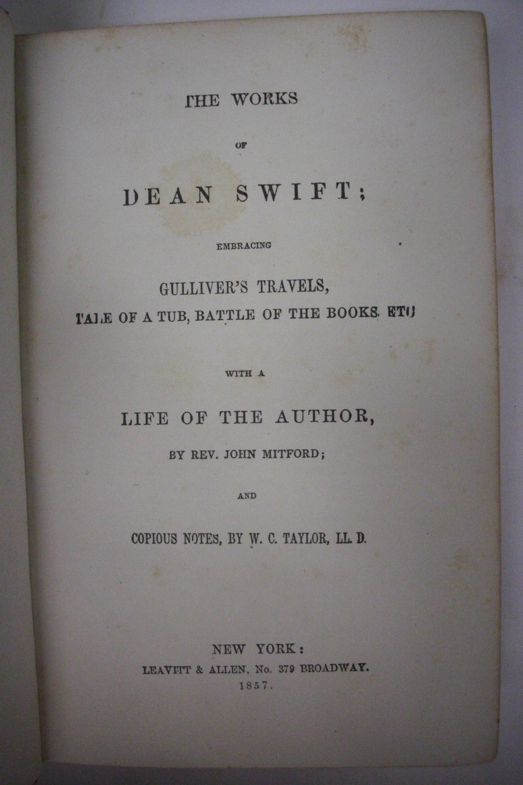 1857 WORKS OF DEAN SWIFT Gulliver’s Travels-Tale of a Tub-Battle of Books+++