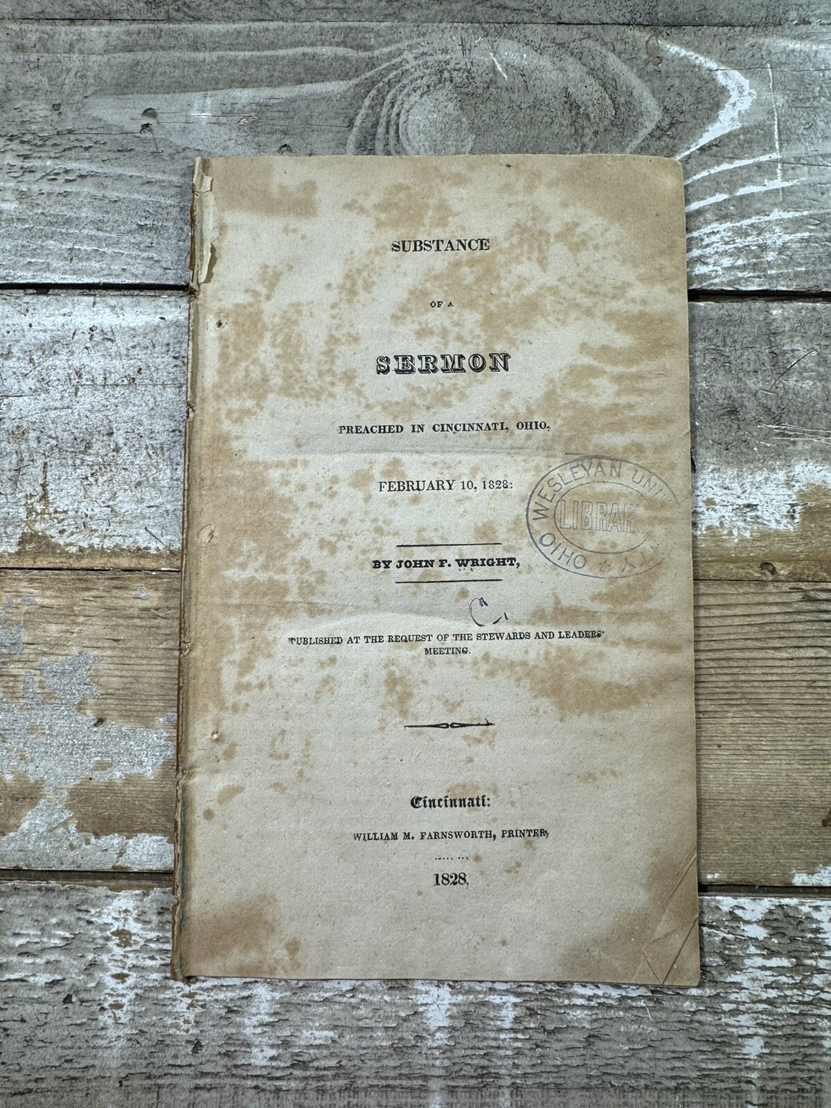 1828 Antique Religious Sermon „Substance of a Sermon in Cincinnati“ Wright