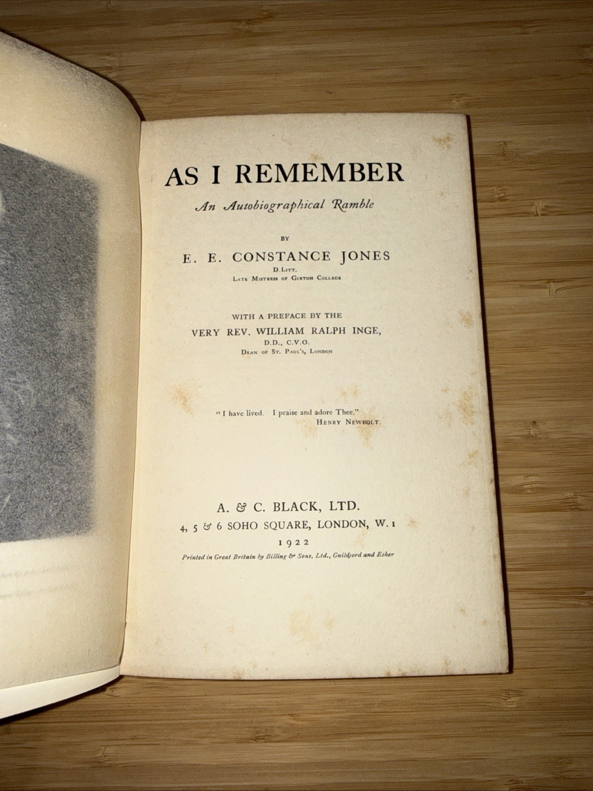 1922 First Edition As I Remember E.E. Constance Jones Autobiographical Ramble