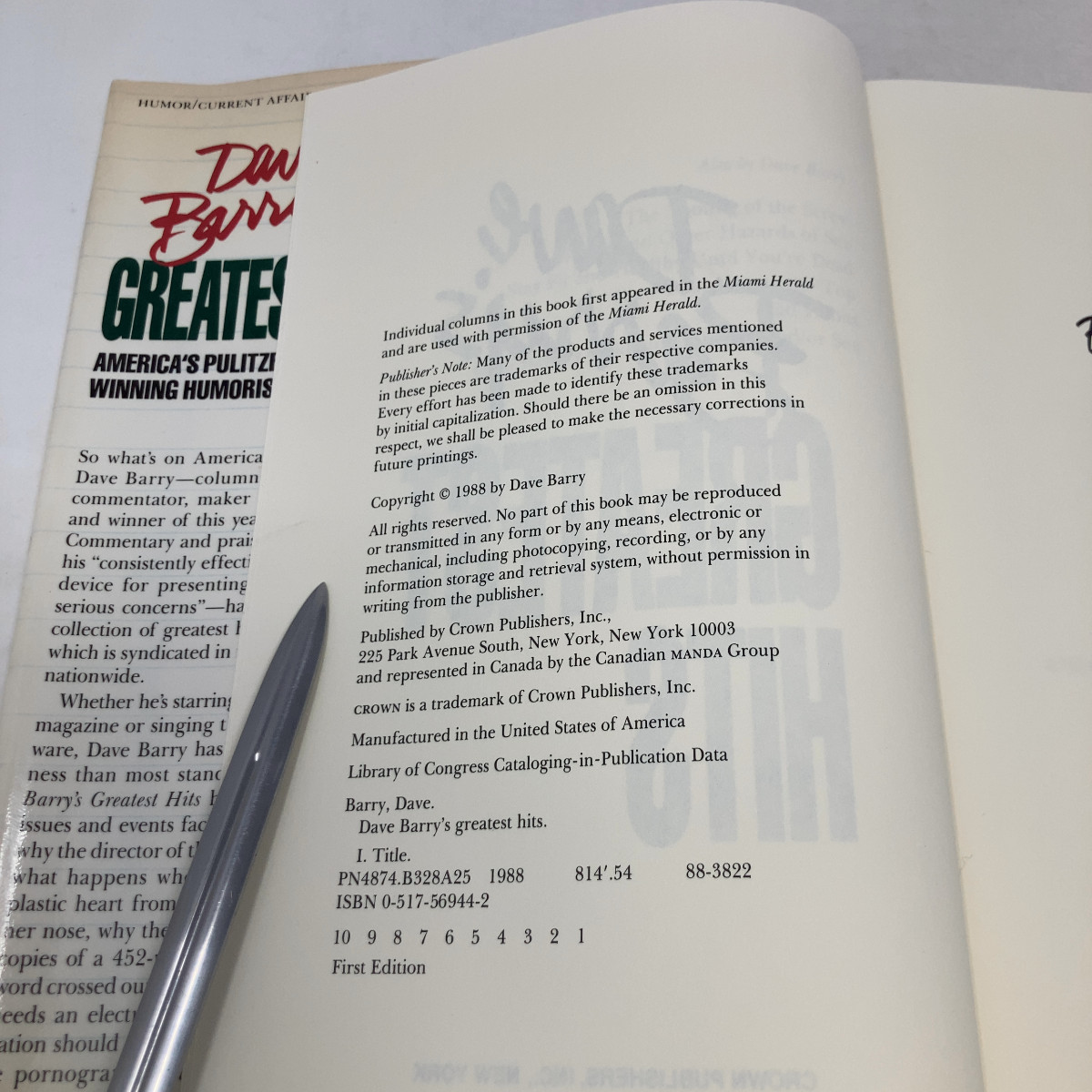 Dave Barrys Greatest Hits by Dave Barry HC First Edition Very Good 1989