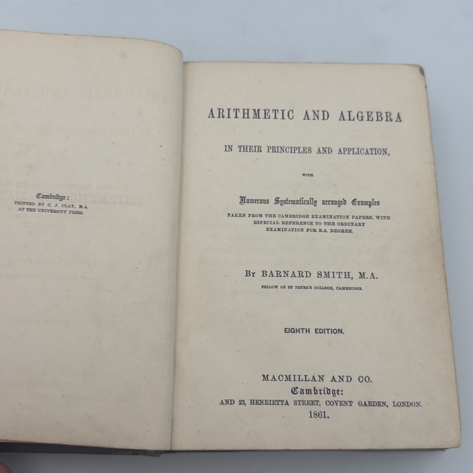 Arithmetic and Algebra Barnard Smith 1861 Macmillan Co Cambridge Antique Book