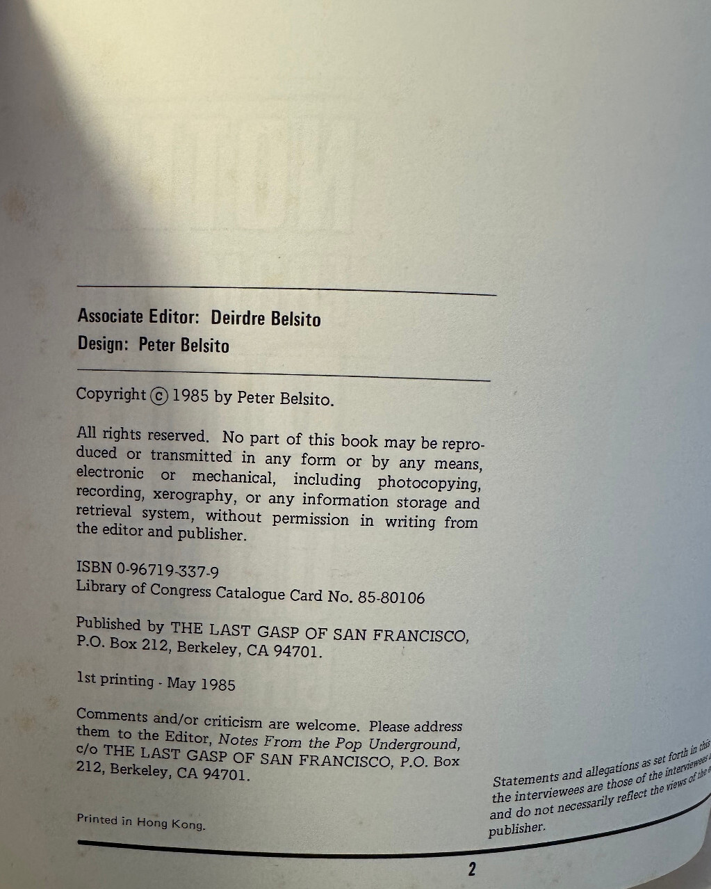 Notes from the Pop Underground. Peter Belsito, editor. First Ed. 1985 Last Gasp