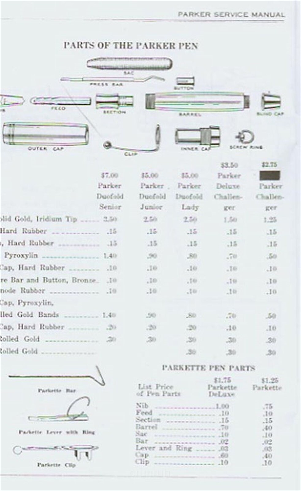 Parker Pen Repair Manual reprint by the Parker Pen Company with 110 b/w drawings