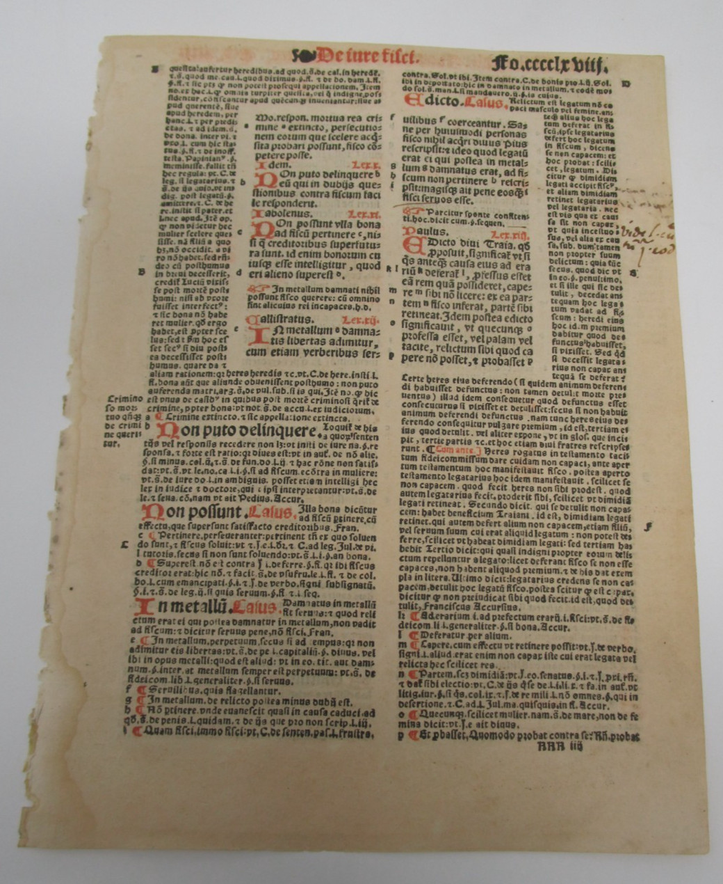 Medieval 1539 Early Two-Color Civil Law Book Leaf in Latin Printed In Paris