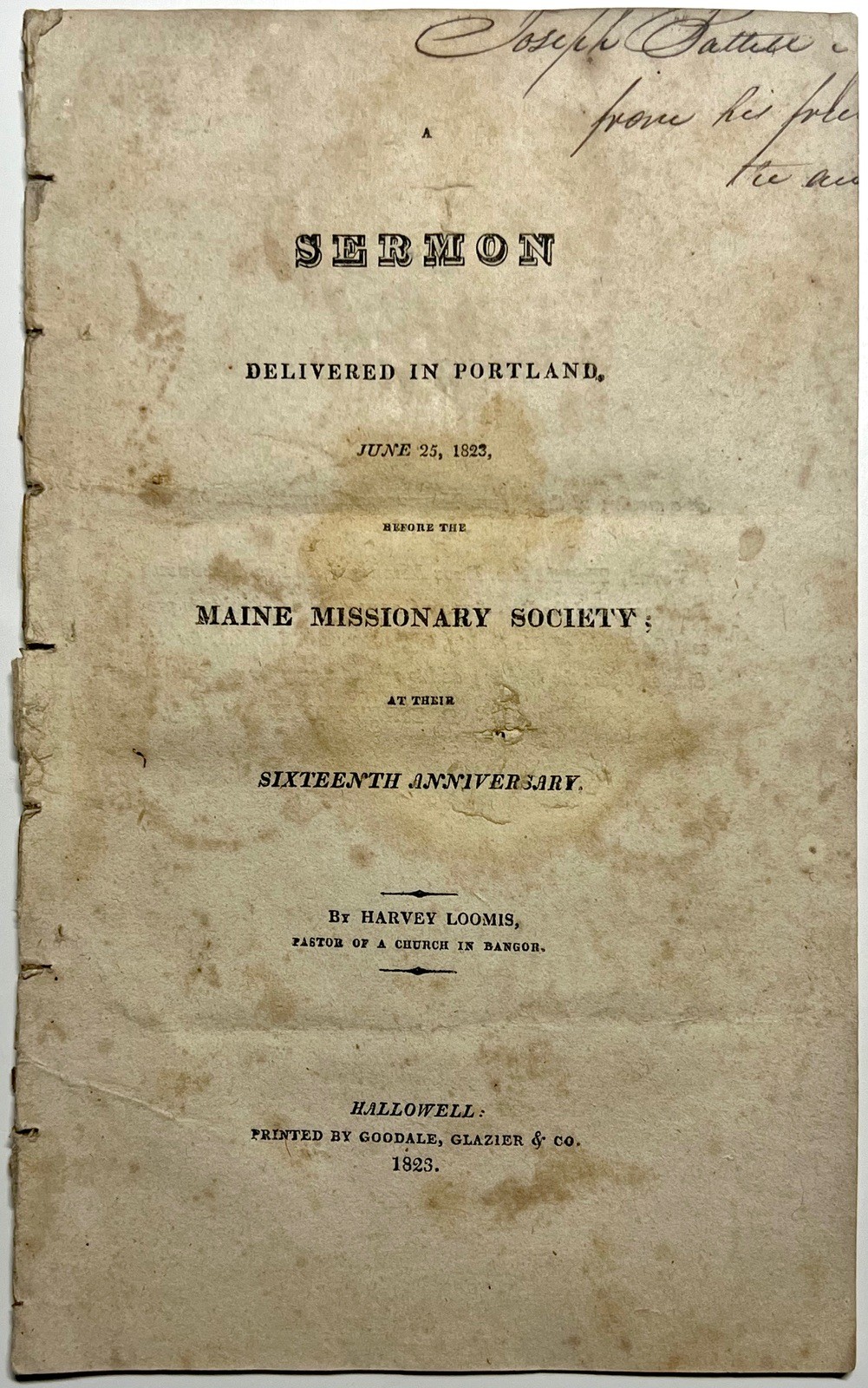 1823 MAINE MISSIONARY SOCIETY SERMON LOOMIS PORTLAND HALLOWELL CHRISTIAN REVIVAL