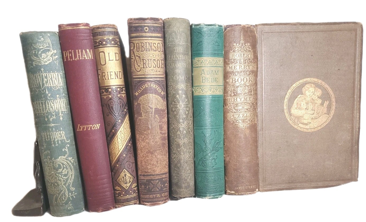 Lot 7 Antique Victorian Books Fine Binding Robinson Crusoe And One Ship Bookend