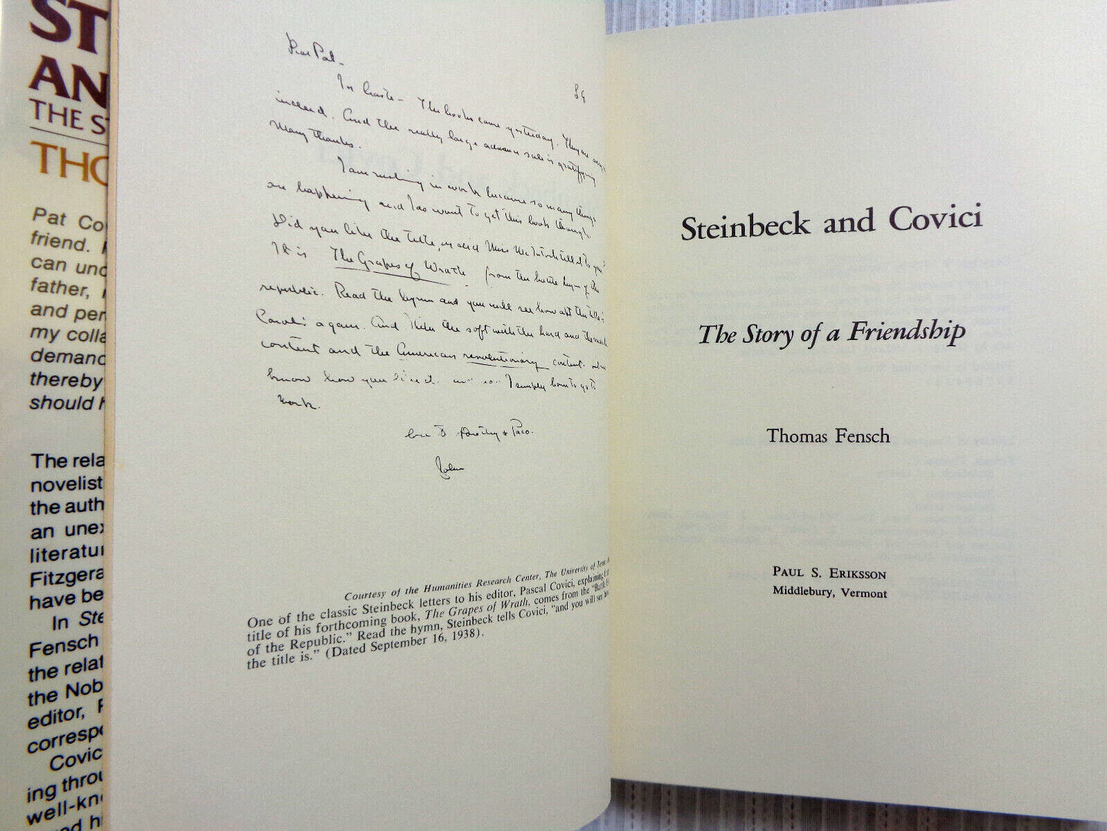 Steinbeck and Covici The Story of a Friendship Thomas Fensch 1st Edition HC/DJ