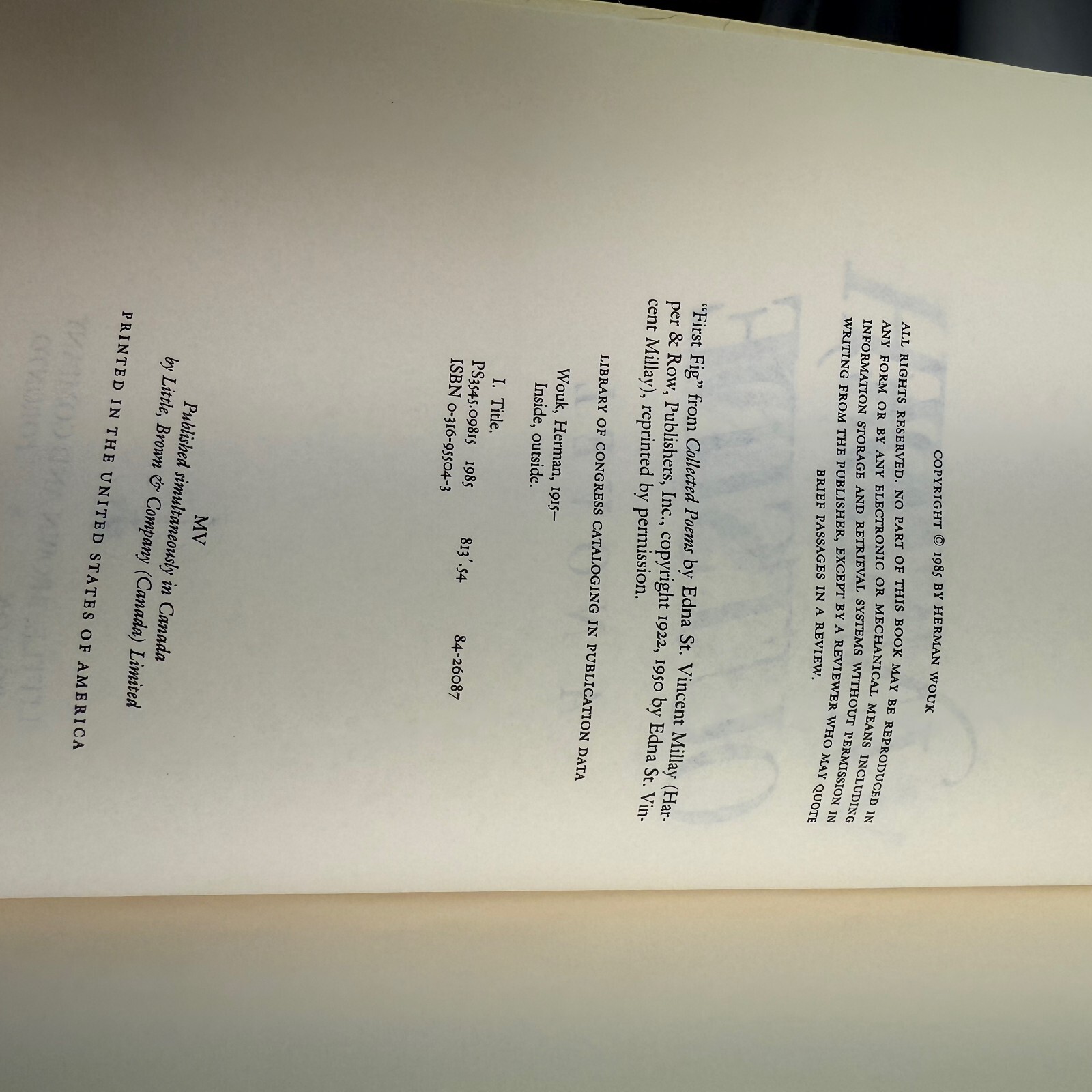 Herman Wouk – Inside Outside 1985 Hardcover/Dust Jacket