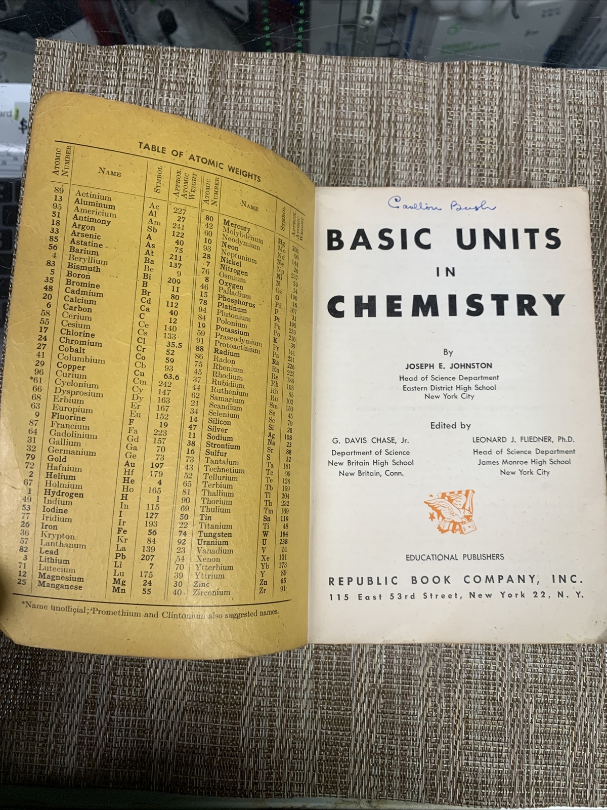 Basic Units in Chemistry, Joseph E Johnston, 1947/ 1949, Republic Book Co