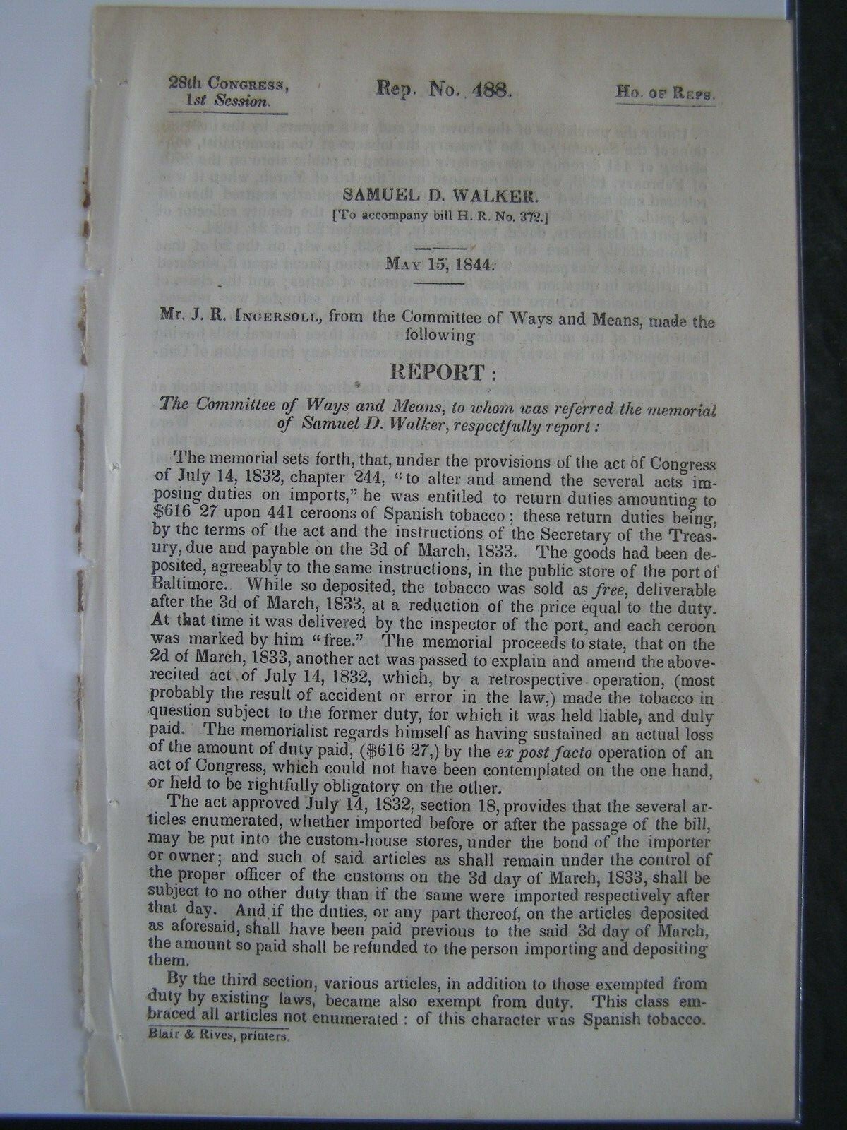 Government Report 1844 Samuel D Walker Return of Duties on Spanish Tobacco
