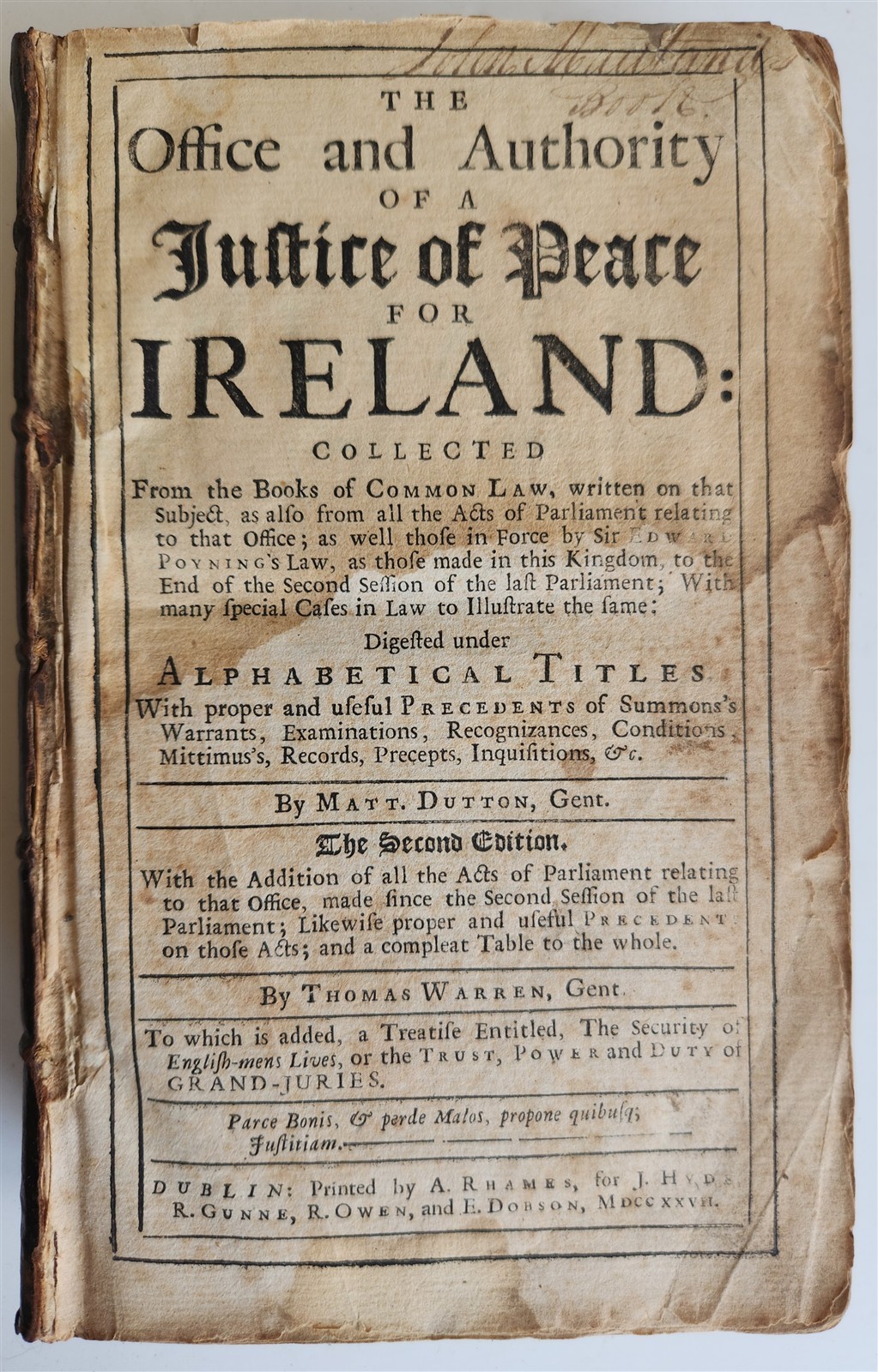 1727 LAW BOOK in ENGLISH Office & Authority of Justice of Peace for Ireland