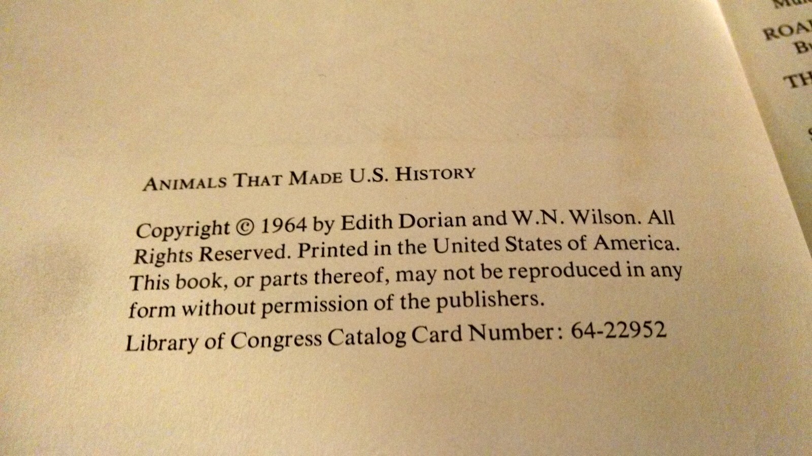 ANIMALS THAT MADE U.S. HISTORY EDITH DORIAN W.N. WILSON MCGRAW HILL 1964 ILLSTD.