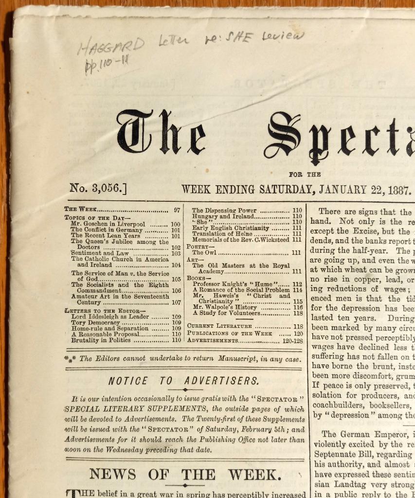 The Spectator – January 22, 1887 #3056. H. Rider Haggard letter – She, Ayesha.