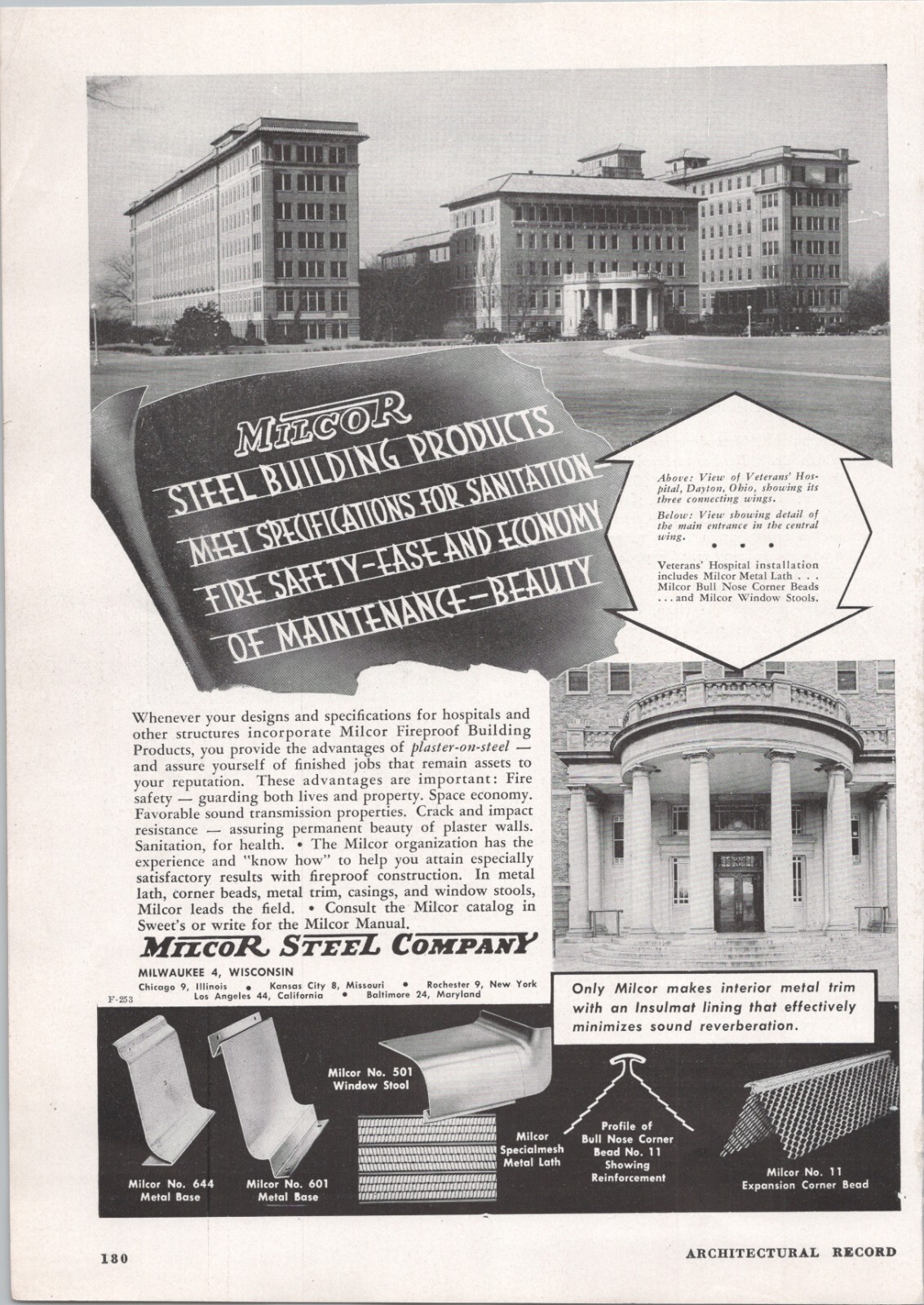 1946 Print Ad * Veterans Hospital VA Medical Center Dayton OH * Milcor Steel Co.