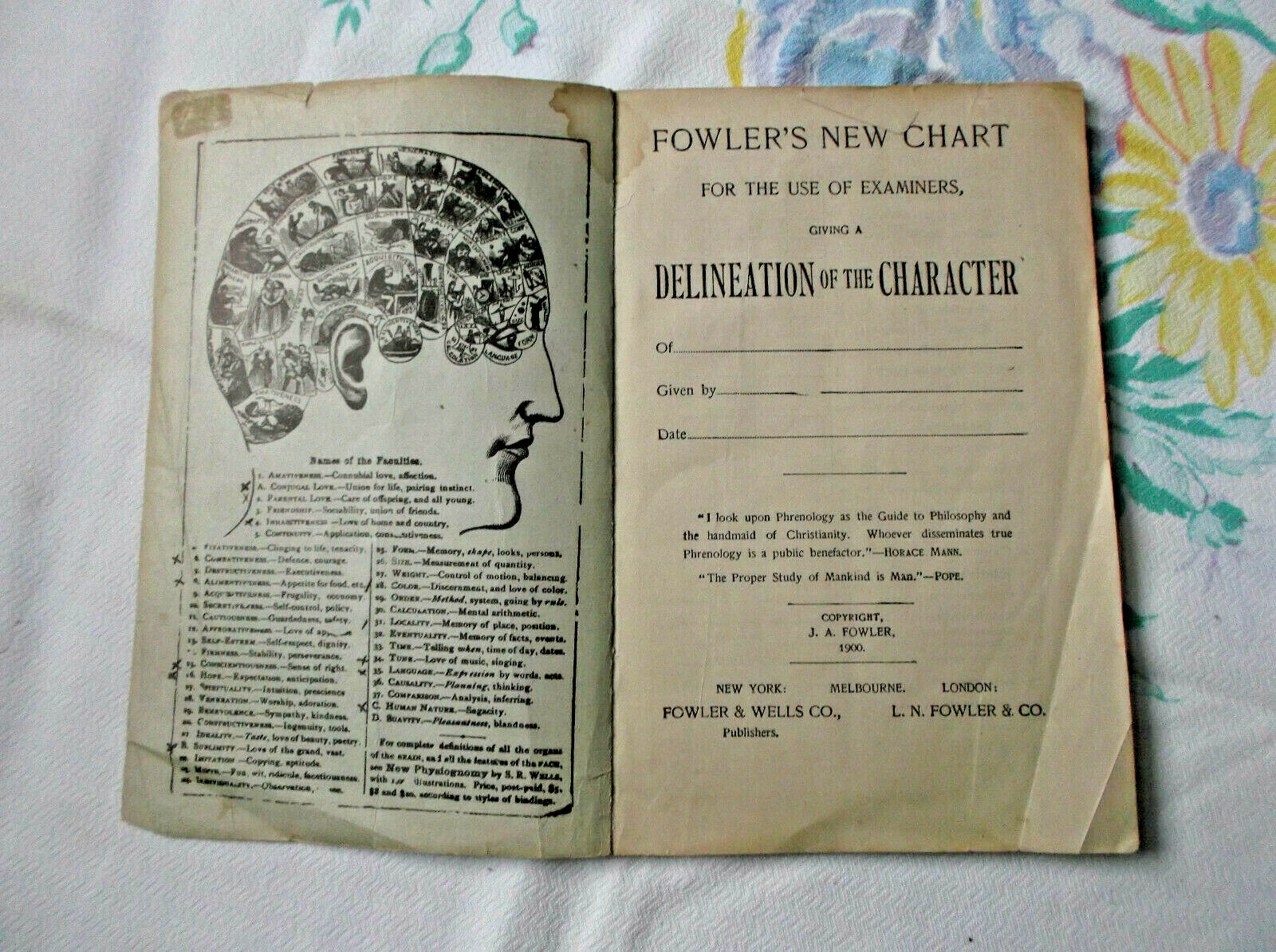 Antique 1900 Fowler’s Phrenology Pamphlet Journal Book Chart Brain Head Science