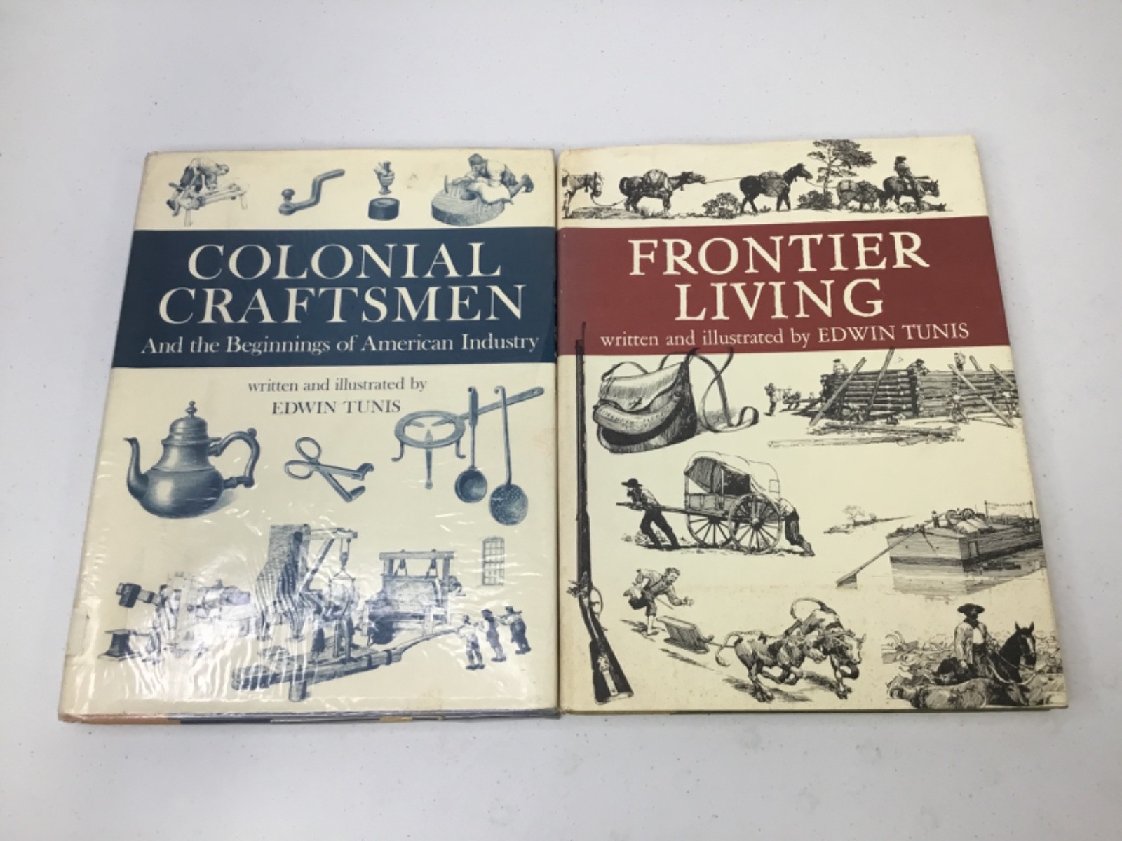 Pair of Edwin Tunis Colonial & Frontier Books. HCDJ, Illustrated, X-Library