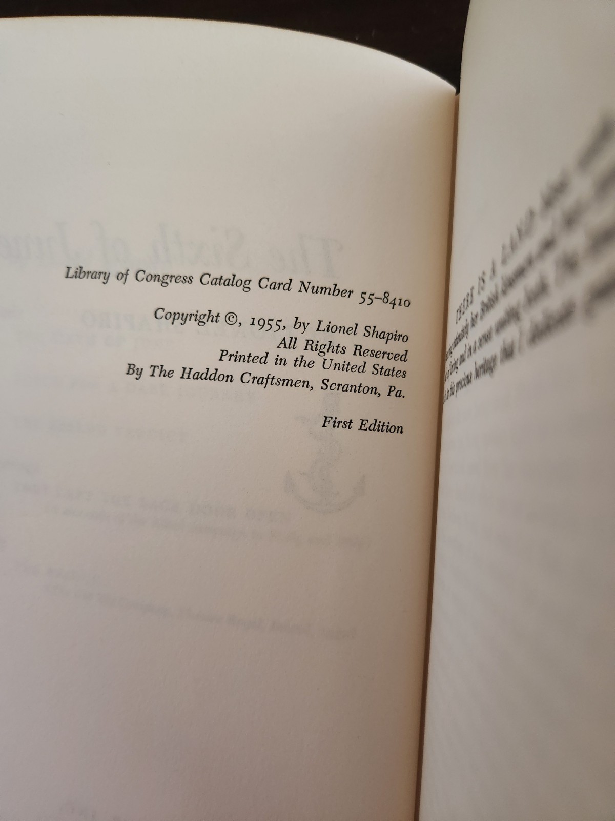 The Sixth of June – Lionel Shapiro – 1955 – First Edition With Dusk Jacket