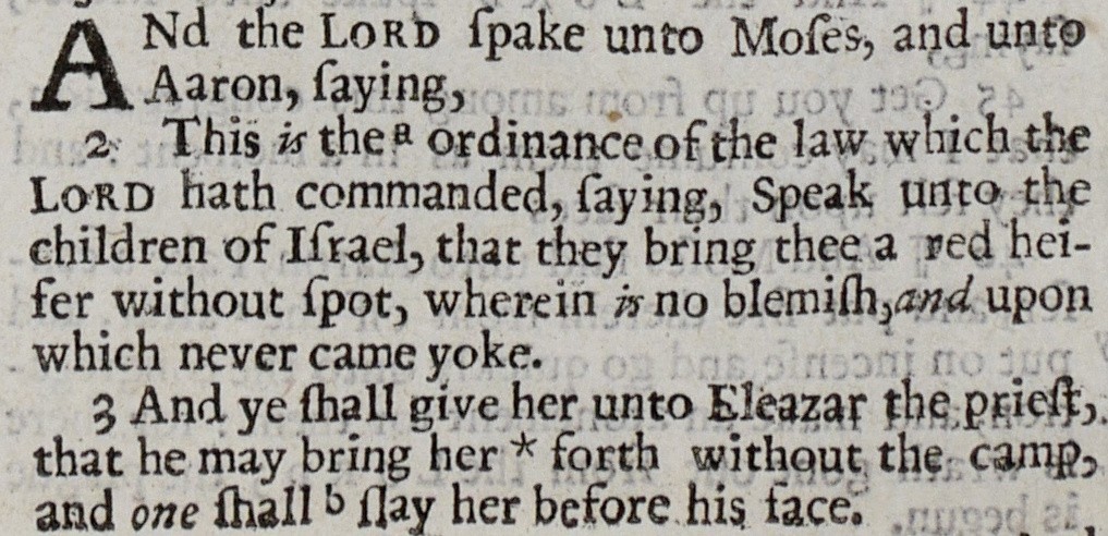 1649 KJV Bible Leaf Red Heifer Korah’s Rebellion Aaron’s Rod Numbers 16–19