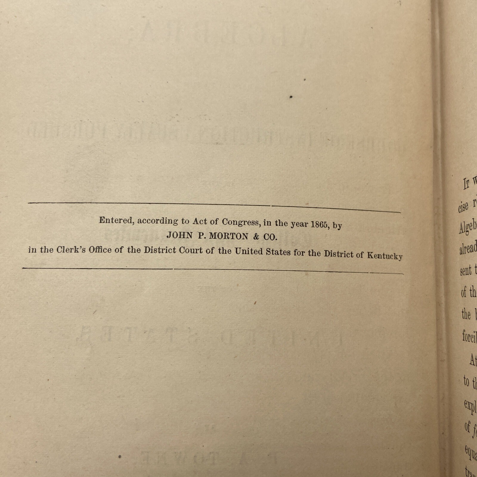 1865 Antique Algebra Book Colleges Academies P A Towne Civil War Era Schoolbook