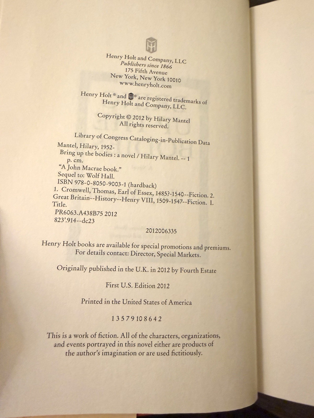 Hilary Mantel / Bring Up The Bodies / 1st/1st / HCDJ / Henry Holt, 2012