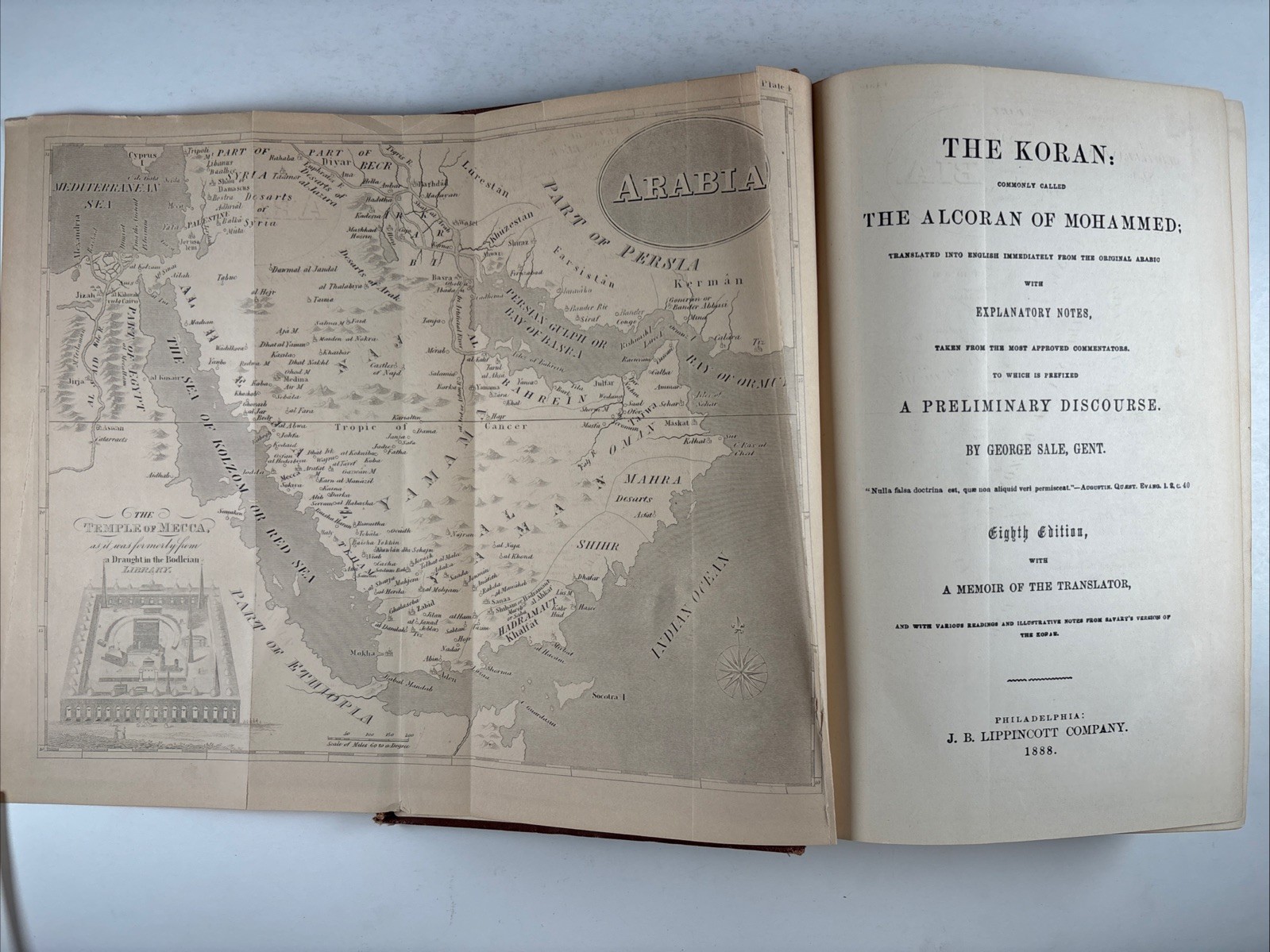 Koran 1888 George Sale 8th ed. Alcoran Mohammed maps genealogical charts Kaaba