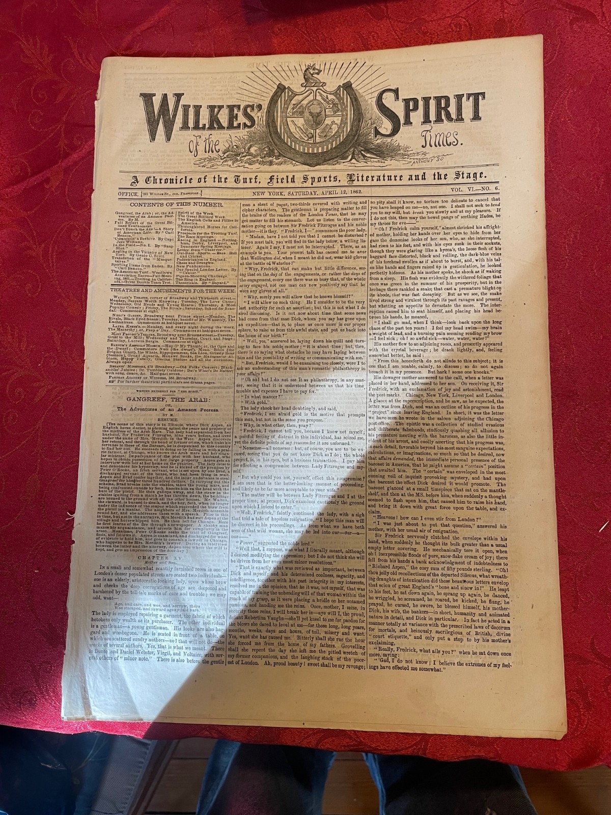 Wilkes’ Spirit Of The Times – Sports/Literature/Stage Newspaper April 12, 1862