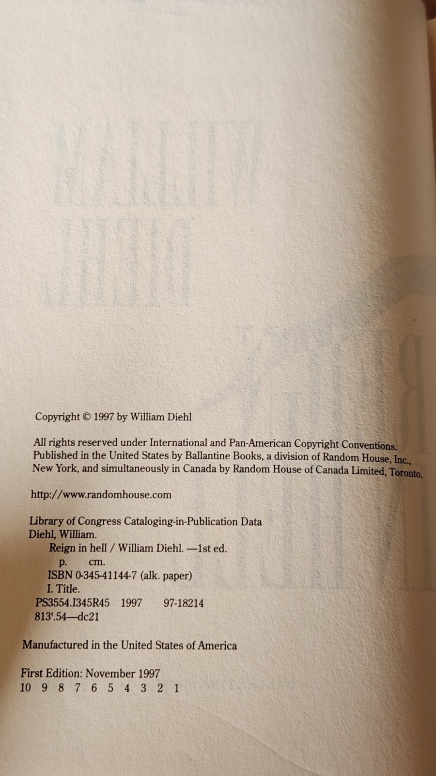 Reign In Hell by William Diehl HC/DJ Signed 1st Edition 1997 A Martin Vail Novel