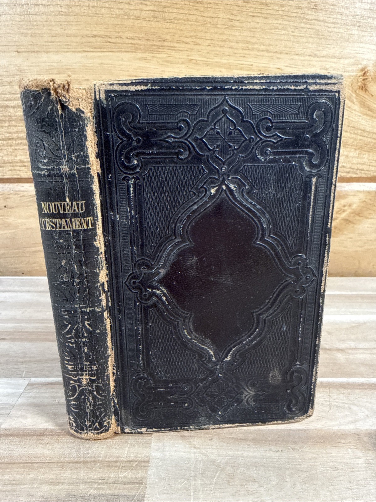 1864 NEW TESTAMENT leather CIVIL WAR ERA French AMERICAN BIBLE SOCIETY antique