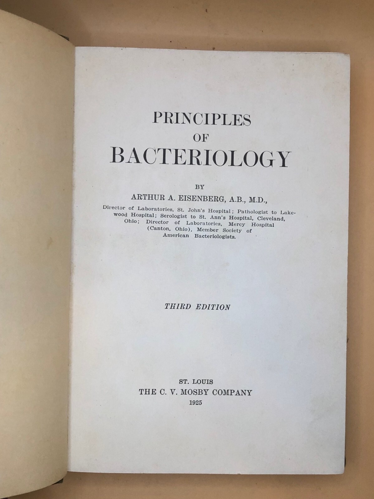 ANTIQUE Principles Bacteriology Eisenberg 1925 HARDCOVER MOSBY MICROBIOLOGY