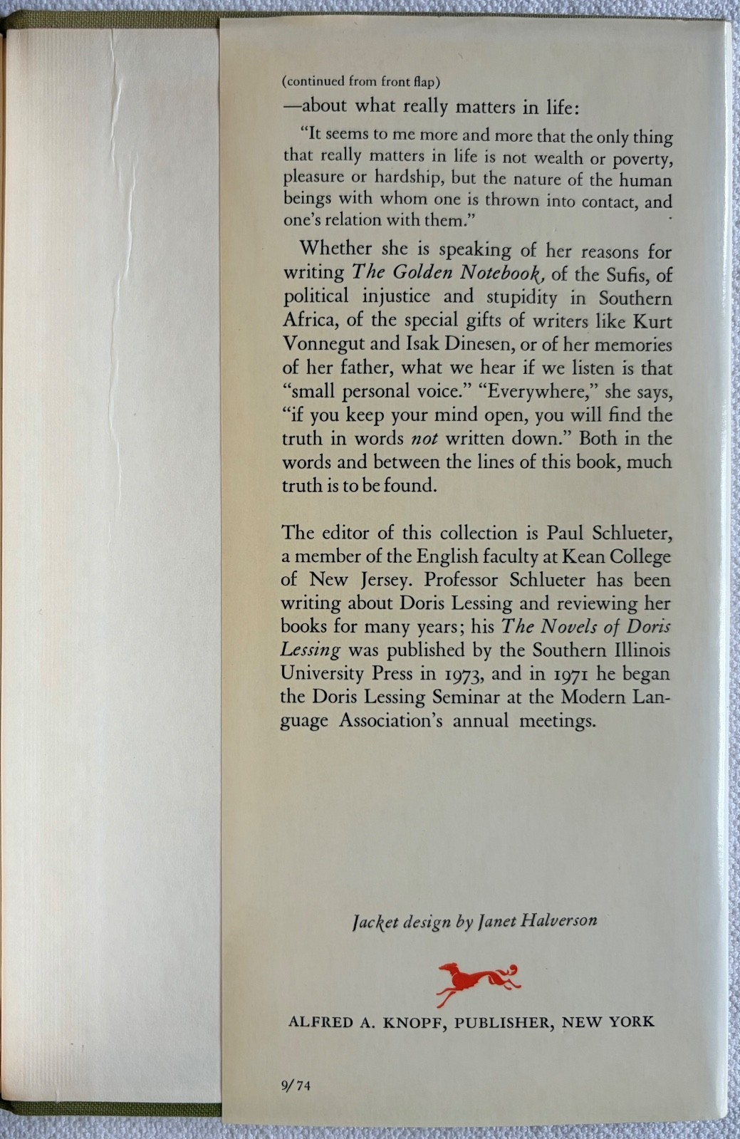 Doris Lessing, A Small Personal Voice, first edition hardcover 91974)
