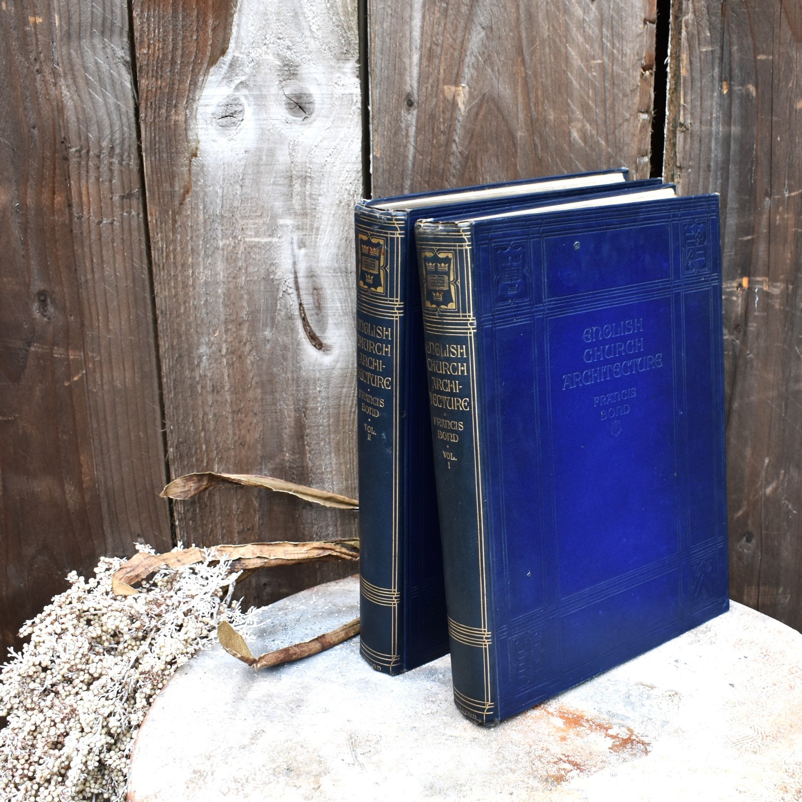 Antique 1913 English Church Architecture By Francis Bond Blue Cloth Books Pair