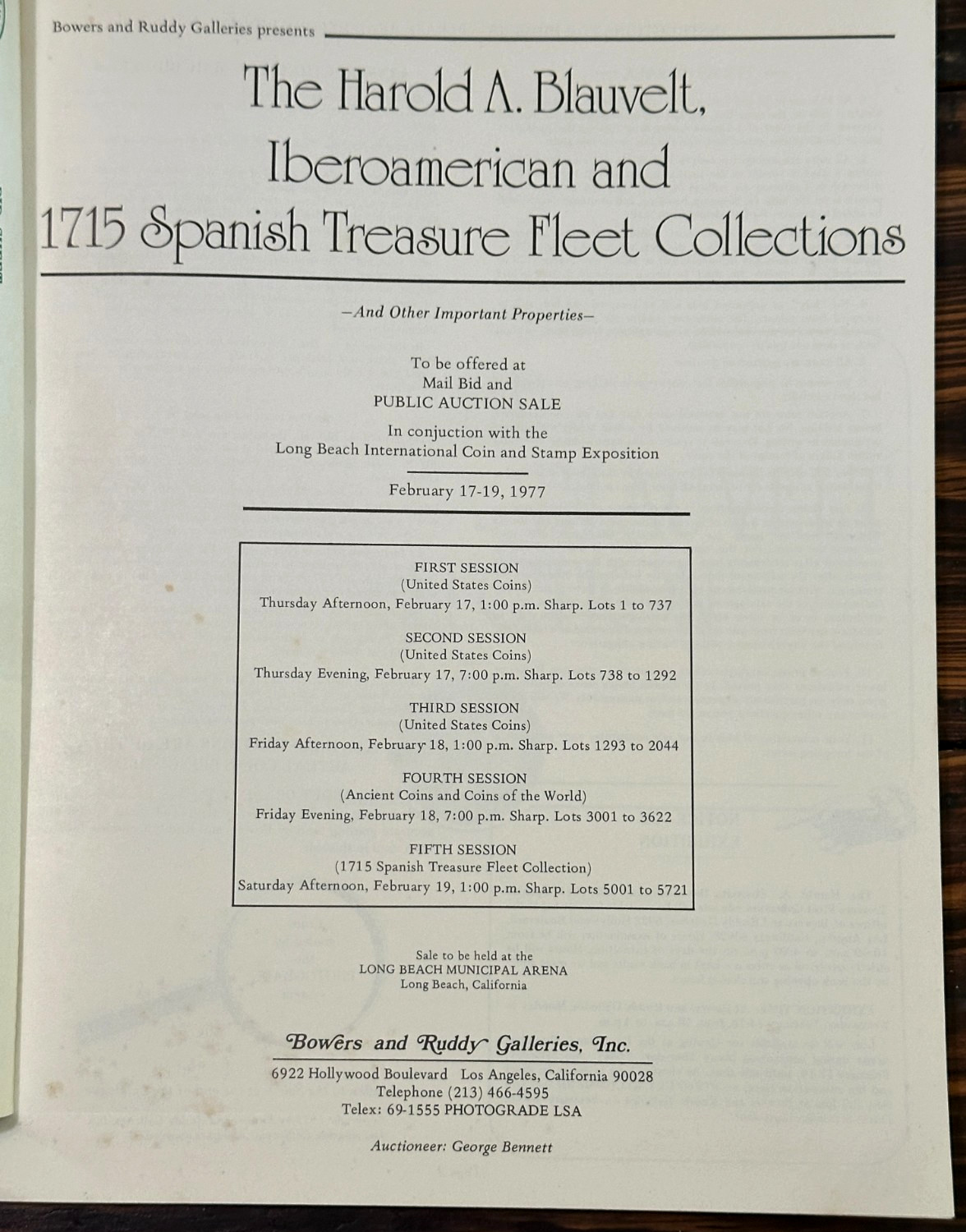HAROLD BLAUVELT 1715 SPANISH TREASURE FLEET COIN COLLECTION AUCTION RESULTS 1977