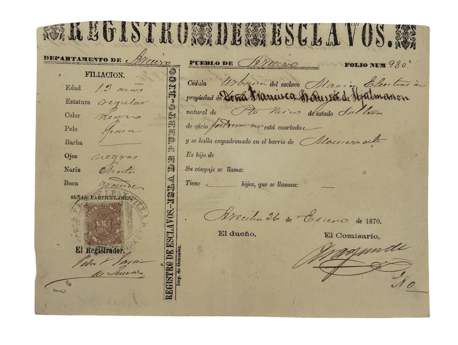 Puerto Rico / Slave Registry Listing 19 Year Old Enslaved Black Male