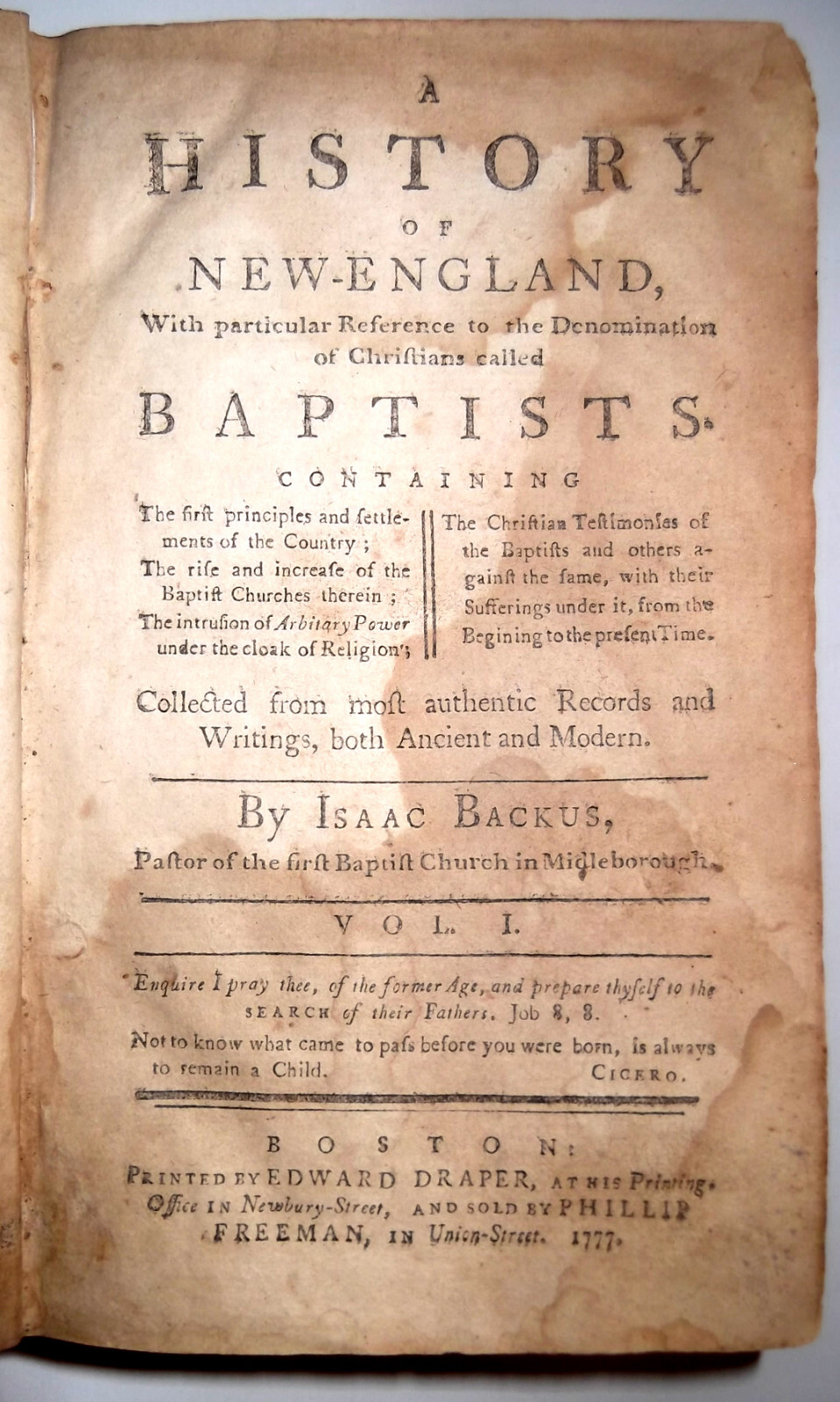 1777 Antique Isaac Backus HISTORY OF NEW ENGLAND AND THE BAPTIST CHURCH 1ST-ED!