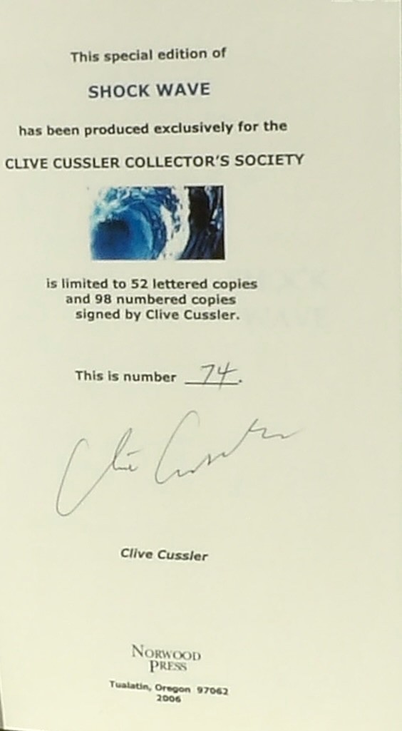 Clive CUSSLER Shock Wave SIGNED Limited Edition #74 with Slipcase