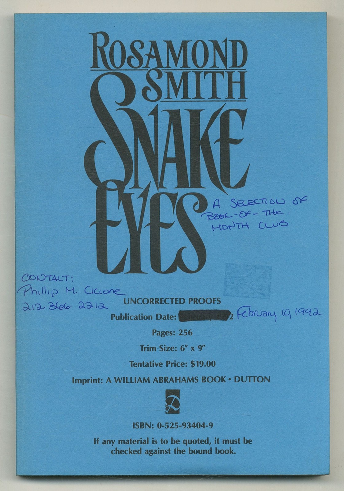 Joyce Carol OATES, Rosamond Smith / Snake Eyes Uncorrected Proof 1st 1992