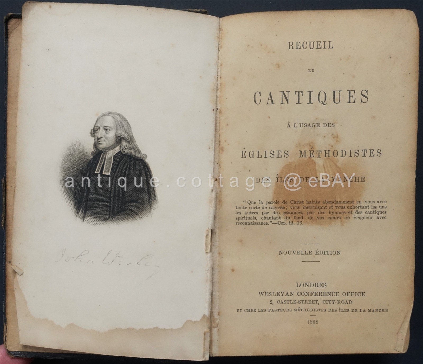 1868 antique JOHN WESLEY CANTIQUES french EGLISES METHODISTES hc leather board
