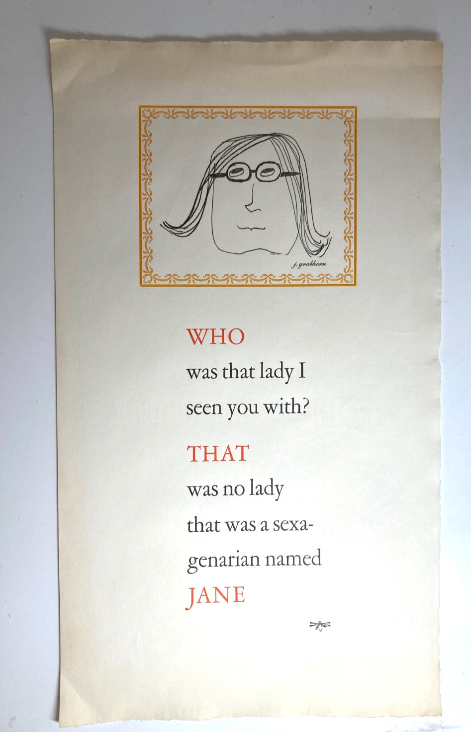 RARE Jane Grabhorn / Colt Press Broadside – „Who Was That Lady…“ – Letterpress