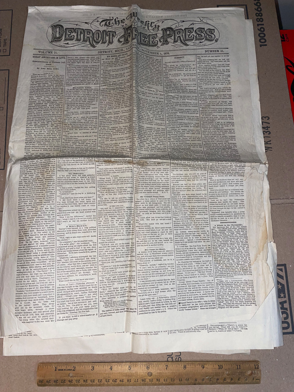1876 The Weekly Detroit Free Press MICHIGAN newspaper LARGE FORMAT 1 PIECE